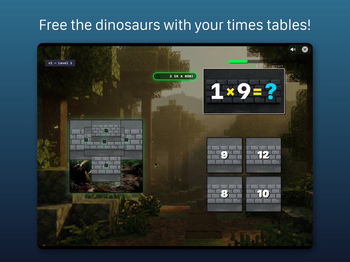Story mode gameplay: a multiplication question over a blocky jungle, with a dinosaur held in stone.