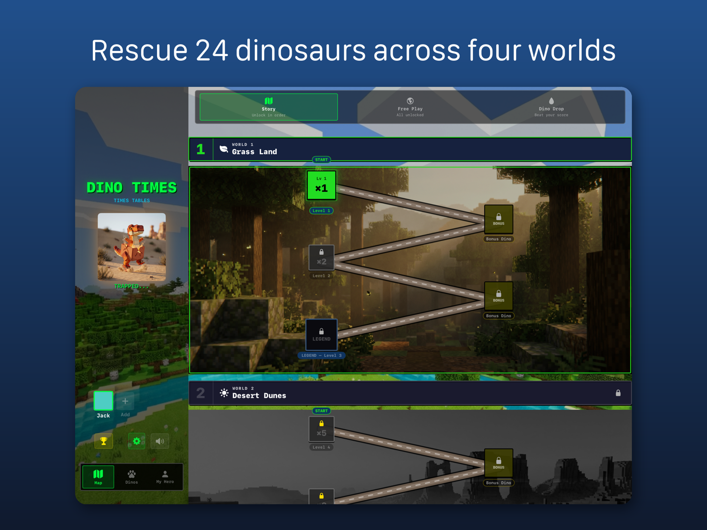 The world map screen showing Grass, Desert, Ice and Volcano worlds.
