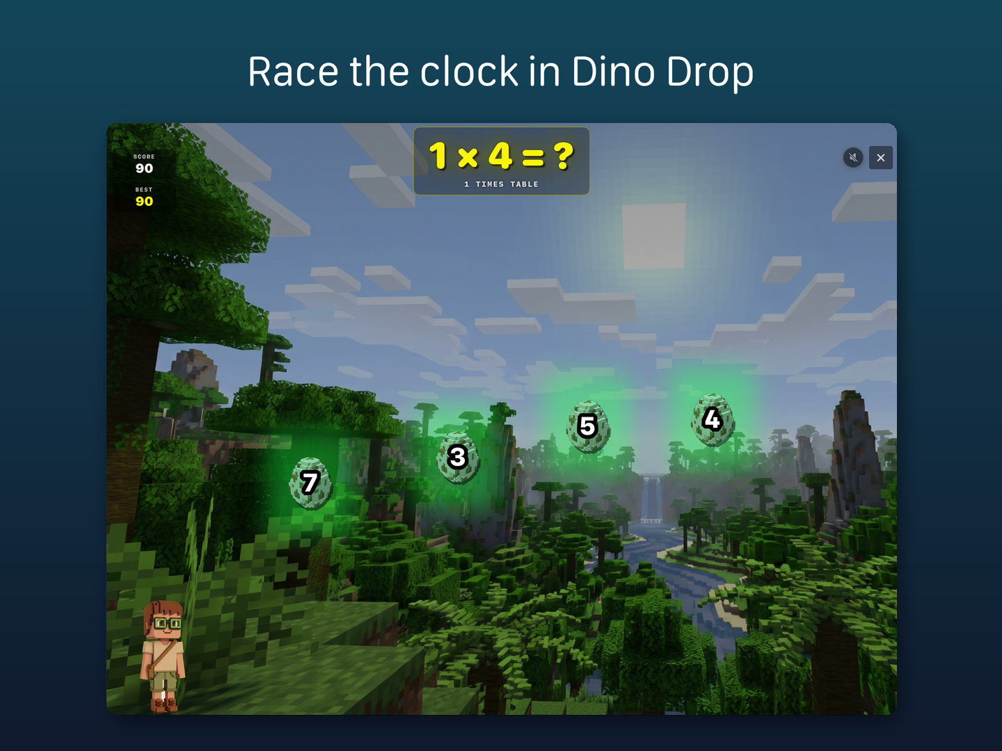 Dino Drop in play on iPad: four eggs falling over a jungle, each printed with a possible answer to 1 x 4, with the score kept in the corner.
